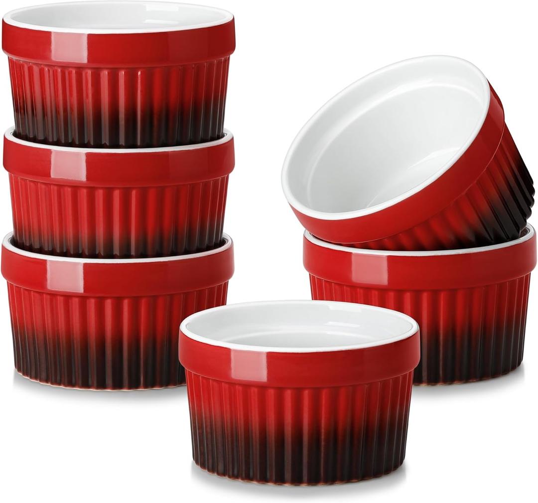 MALACASA Ramekins 8 oz Oven Safe, Large Ceramic Souffle Dishes for Baking & Serving, Stoneware Custard Cups Ramekin for Creme Brulee, Baking Bowls Set of 6, Red, Series RAMEKIN-DISH