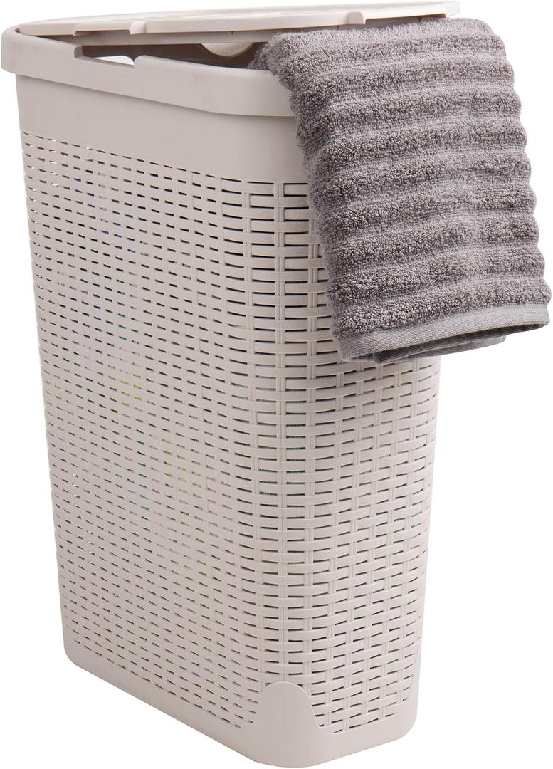 Mind Reader Slim Laundry Hamper with Lid, 40L Clothes Basket, Narrow Tapered Design with Ventilated Cutout Pattern, Plastic, Ivory, Single
