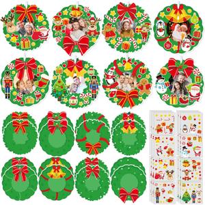 Dianelhall 24 Sets Christmas Picture Frame Craft Kit Xmas Wreath Photo Crafts Christmas Picture Frames Gift with Santa Stickers for Classroom Xmas Holiday Party Activities(Wreath)