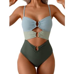 Eomenie One Piece Swimsuit for Women Ring Linked Monokini Sexy Bathing Suit Cutout Swim Suit (Medium, Green Color Block)
