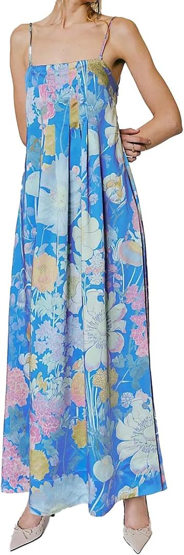 ABYOVRT Women Boho Floral Maxi Dress Backless Spaghetti Strap A-Line Flowy Summer Vacation Long Dress (Blue, L)