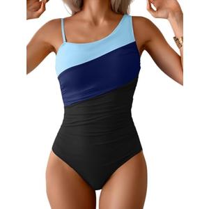 Aidonger One Shoulder One Piece Swimsuit for Women Tummy Control Bathing Suits Color Block Ruched Swim Suit Slimming Swimwear, Medium
