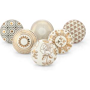 Kitchen Cabinet Knobs - Indian Handmade Ceramic Dresser Pull Handle Kitchen Cupboard Wardrobe Drawer Pulls Boho Furniture Hardware - Geometric Gold - Pack of 6