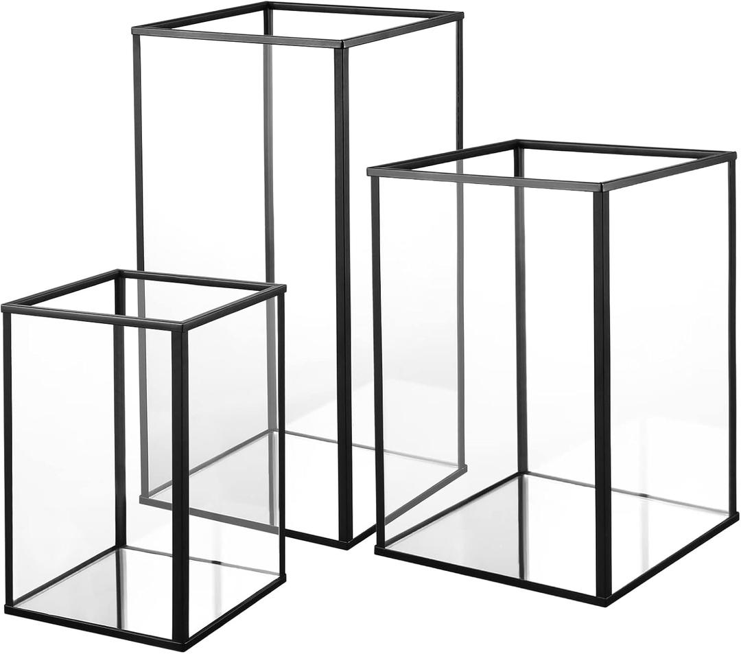 Phosphor Large Glass Hurricane Candle Holder Set of 3 PCS Black Glass Candle Holder for Thankgiving Wedding Party Holiday
