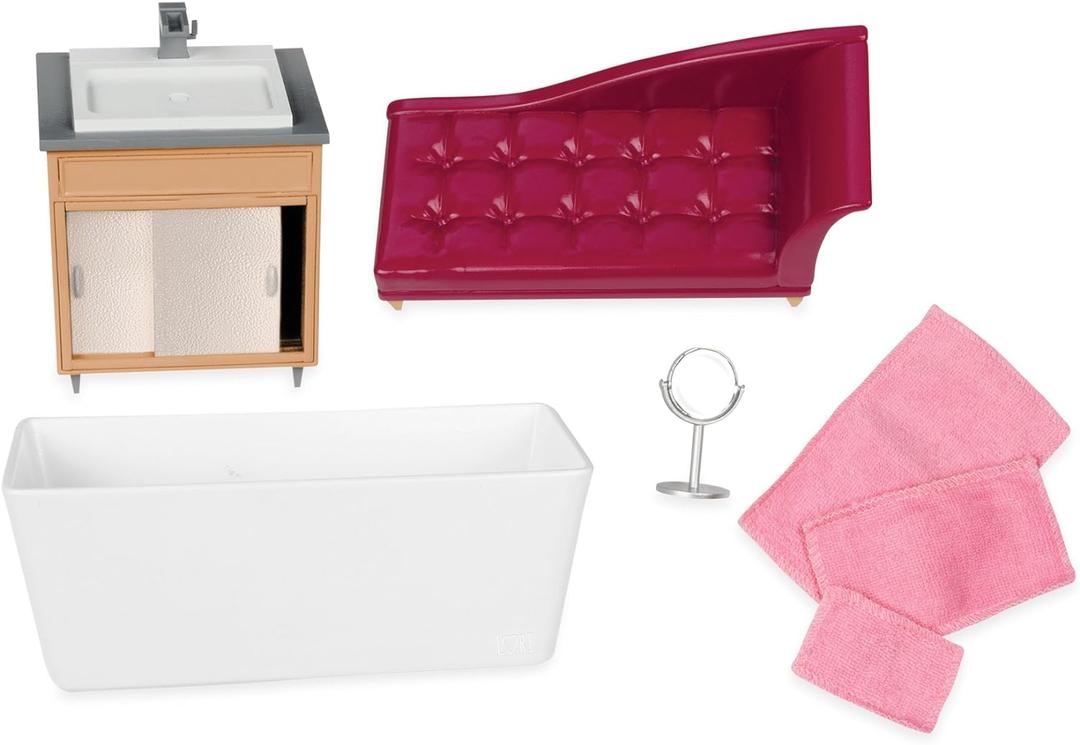 Lori  Luxury Bathroom Set  Bathroom Playset for Mini Dolls  Dollhouse Furniture for 6-Inch Dolls  Bathtub, Vanity, Lounge Chair  3+ Years