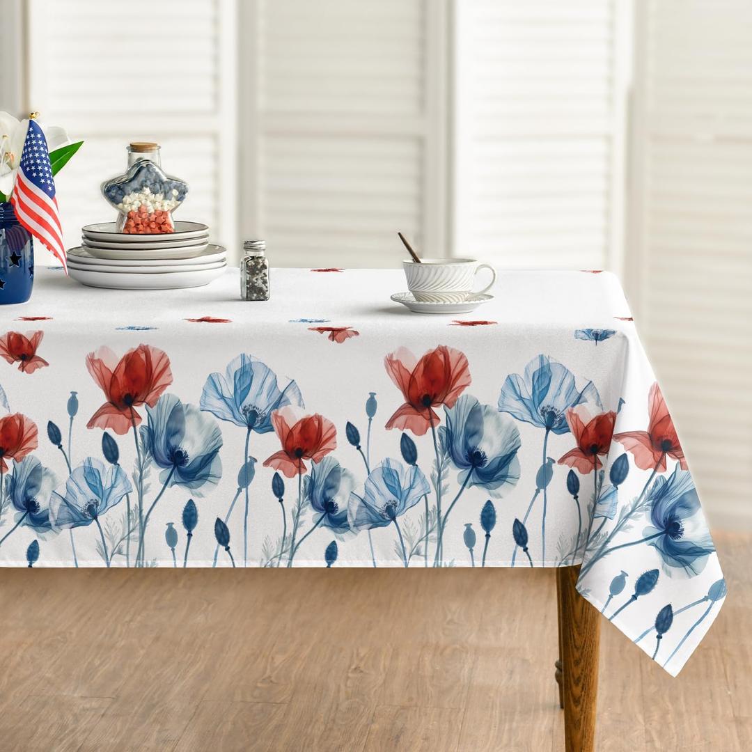 Horaldaily 4th of July Tablecloth 5270 Inch Rectangular, Blue Red Flowers Printed Independence Day Memorial Day Table Cover for Party Dinner Patio Garden Picnic (White)
