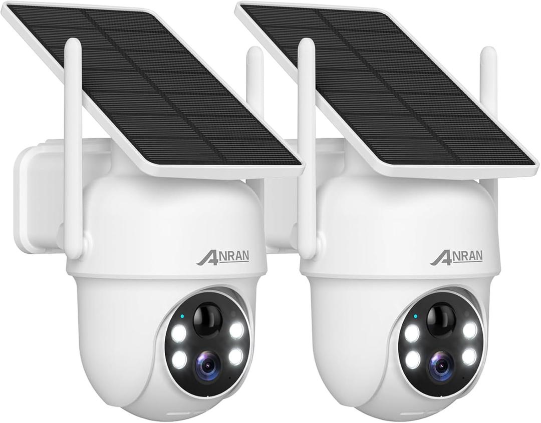 ANRAN Solar Security Cameras Wireless Outdoor,2K Cameras for Home Security with Fixed Solar Panel, 360 PTZ for Home Surveillance,2.4G WiFi, PIR Human Detection, 3MP Color Night Vision, 2 Pack