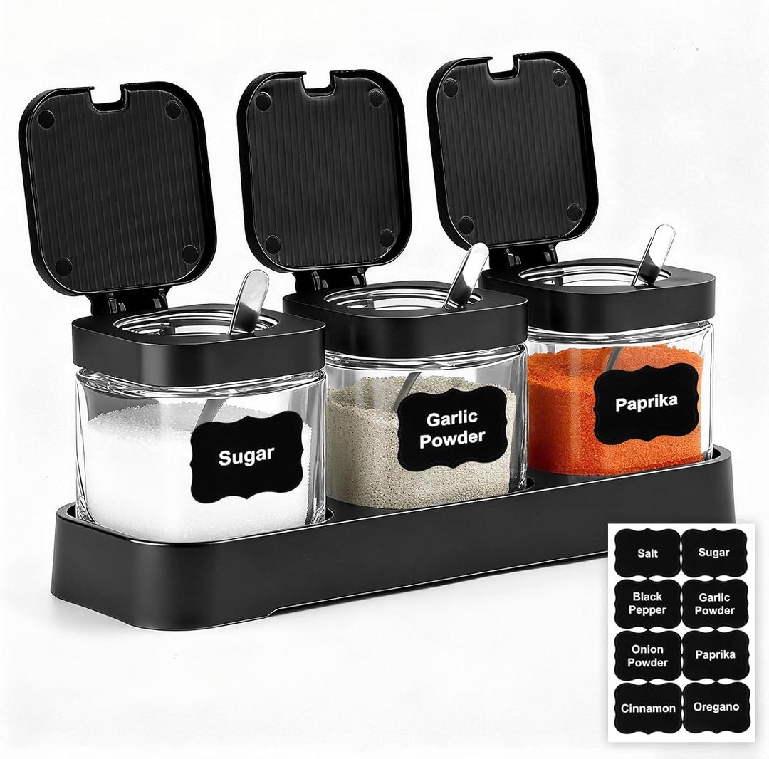 Condiment Pot Spice Jar with Stainless Steel Lids and Spoons, 8.6oz Clear Glass Seasoning Box with Tray Set of 3, Salt Pepper Storage Container Sugar Bowl for Kitchen