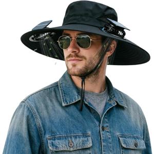 Solar Fan Hat, Wide Brim Sun Hat with 2 Solar Fans for Men Women Outdoor (22 to 24 inches)