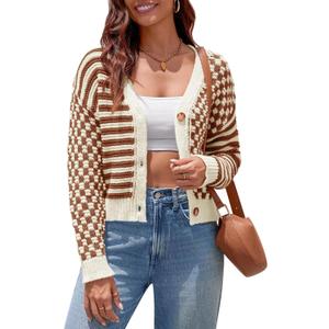 Saodimallsu Womens Checkered Cardigan Sweaters Striped Cropped Button Fall Trendy Open Front Knit Sweater Coats (Large, Light Brown)
