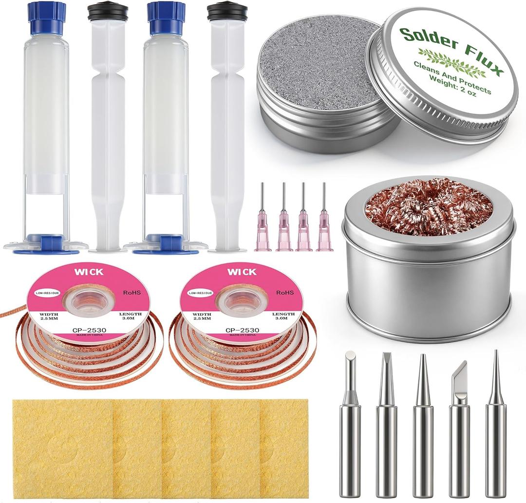 Soldering Tip Cleaning Kit Include Flux Paste, Tip Tinner, Solder Wick, Iron Tips, Soldering Iron Tips Cleaner and Cleaning Sponge for Electronics Repair