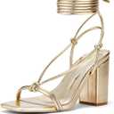 Elisabet Tang Women's Lace Up Chunky Heels Sandals, 3 inch Block Heels Ankle Wrap Strappy Heel Square Open Toe Strappy Heeled Sandals Shoes Gold Size 8