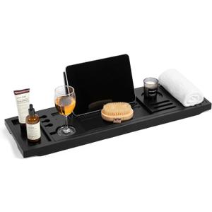 Teak Bathtub Tray | Adjustable Width Tray with WineHolder, Tablet/Phone & Book Stand, Splash-Proof for Bath Time- Black