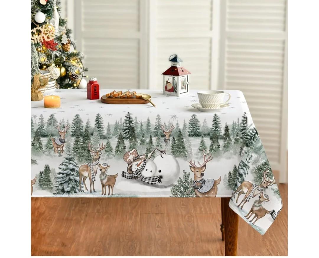 Horaldaily Christmas Tablecloth Rectangular, Deers Snowman Trees White Washable Table Cover for Party Picnic Dinner Decor