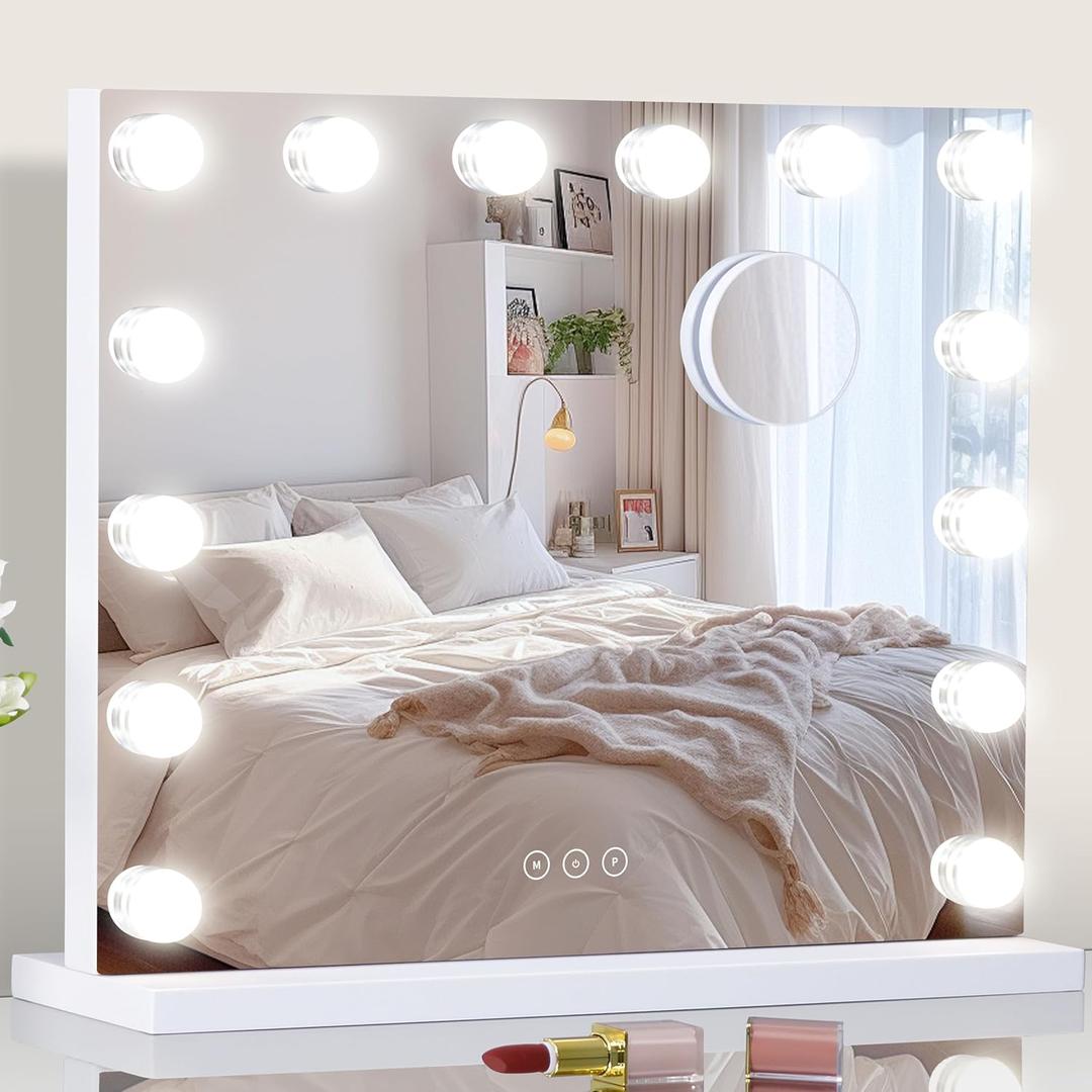 NUSVAN Vanity Mirror with Lights Lighted Makeup Mirror with Dimmable LED Bulbs, 3 Color Lighting Modes, USB Charging Port Touch Control, Sturdy Metal Frame Design, White (50x40cm, 4.70)