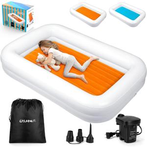 USHMA Toddler Travel Bed [4-Side] | Reversible 2 Colors Kids Air Mattress | Inflatable Toddler Bed | Portable Kids Blow Up Travel Bed with Sides, Orange & Aquamarine