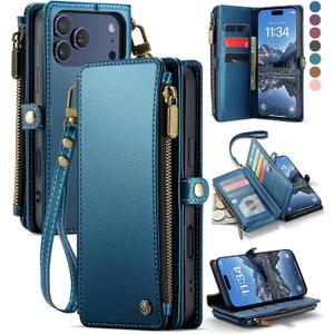 Defencase Compatible with iPhone 17 Pro Case Wallet with RFID Blocking Card Holder for Women Men, Fashion PU Leather Magnetic Snap Flip Zipper Strap Wallet Phone Case for iPhone 17 Pro 6.3", Dark Blue