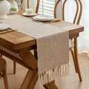 Alsoo Table Runners 108 Inches Long, Rustic Table Runner with Tassels, Boho Farmhouse Linen Texture Table Decor for Holiday Party and Wedding, 13x108 Inches, Beige