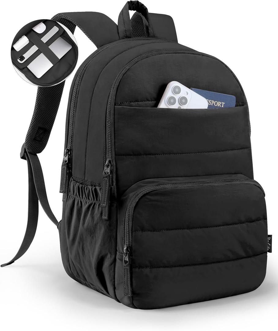 Travel Backpack for Women, 15.6 Inch College Laptop Backpack, Water Resistant Work Backpacks, Cute Quilted Bookbag (Black)