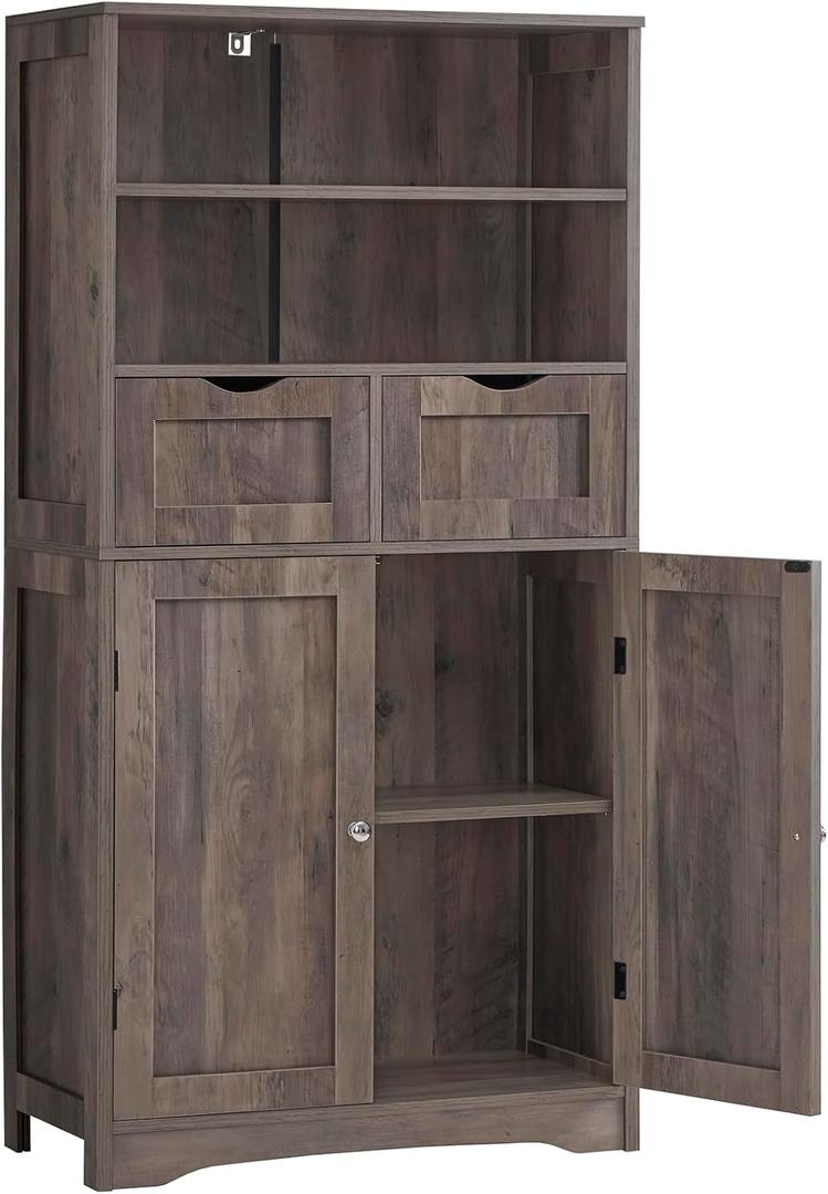 Iwell Tall Storage Cabinet with 2 Drawers & Adjustable Shelf, Bathroom Cabinet with Doors, Kitchen Pantry Storage Cabinets, Cupboard for Living Room, Dining Room, Entryway, Rustic Gray, 49.6"H