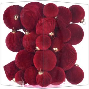 Flocked Ornaments for Christmas Tree Decorations - 35pcs Burgundy Velvet Ball Ornament for Winter Holiday Decor - Plastic Shatterproof Xmas Ornaments Bulk