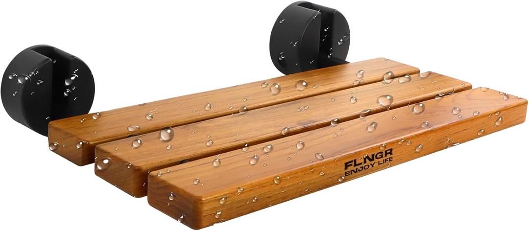 20 inchs Teak Folding Shower Seat Wall Mounted,Fold Down Shower Bench for Small Shower Space, Home Care Teak Wood Stool for Inside Shower,Pregnants-Maximum Load 440lb,for Elderly, Adults (Black & Yellow)