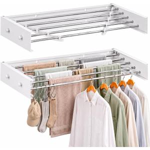 Wall Mounted Drying Rack Stainless Steel 31.5", Foldable Clothes Drying Rack with 4 Hooks & 5 Rods, Heavy Duty Outdoor Indoor Clothes Drying Rack for Apartment Bathroom Balcony Laundry Room