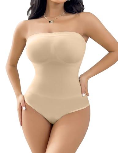 SheBuddy Women's Strapless Shapewear Triangle Bodysuit Tummy Control Seamless Sculpted Body Shaper with Removable Straps, M