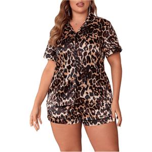 WDIRARA Women's Sleepwear Leopard Print Satin Shirt and Shorts Pajama Set, 4XL