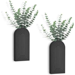 Dahey Wood Wall Planter Vase with Artificial Eucalyptus, 2 Pack Hanging Planter for Indoor Fake Plants Modern Boho Farmhouse Wall Art Decor for Bathroom Bedroom Kitchen Office Home Decoration, Black
