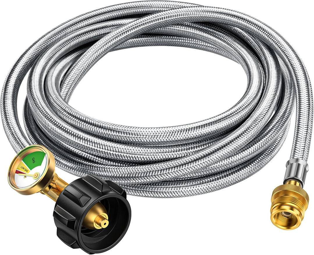 12FT Propane Hose Adapter 1lb to 20lb with Gauge, Anti-bite LP Tank Hose 20 lb to 1 lb, Grill Gas Line Fit for Weber Q Grills, Coleman Camping Stove, Blackstone 17"&22" Griddle, Mr Buddy Heater