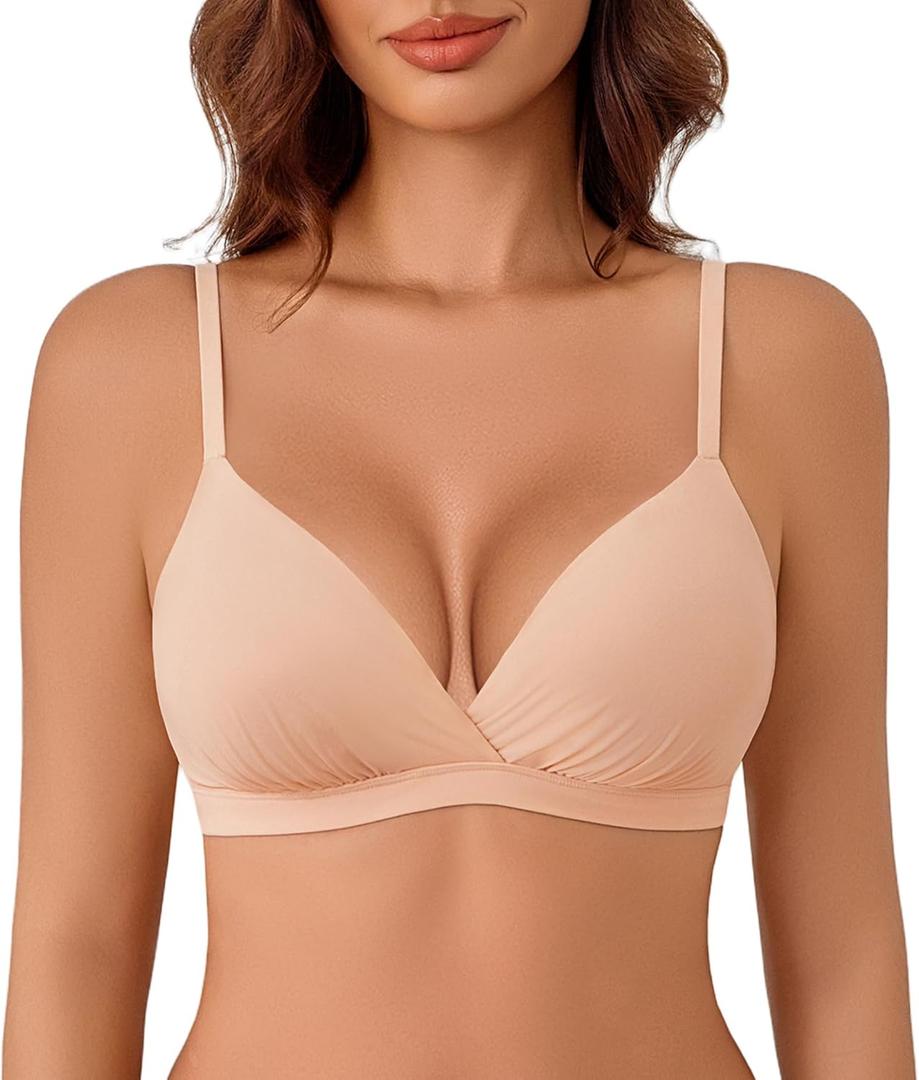 Avidlove Womens Wireless Triangle Bra Sexy Plunge Unpadded Bras Comfortable Mesh Lining Bralette Tshirt Everyday Bra (XX-Large, Nude)
