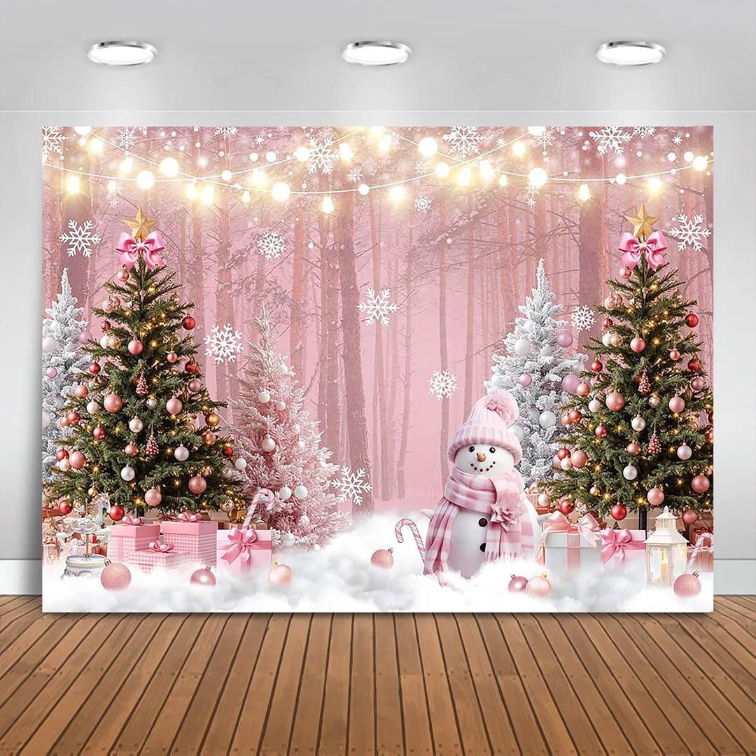 Pink Christmas Backdrop 7x5ft Merry Christmas Snowy Forest Photography Background Party Decorations Winter Wonderland Xmas Trees Banner Photo Booth Props