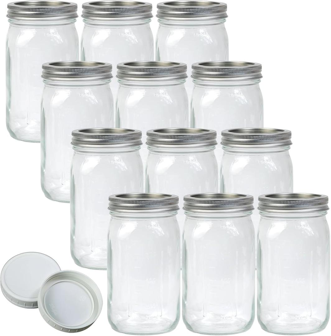 Jumterlee Wide Mouth Mason Jars 32 oz 12Pcs, Canning Jars with Airtight Lids and White Plastic Mason Jar Lids with Silicone Rings for Overnight Oats, Food Storage, Dry Food, Snacks, Candies and More