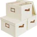 StorageWorks Storage Bins with Lids, Decorative Storage Boxes with Lid and PU Handles, Foldable Storage Baskets for Closet, Shelves, Stackable, Ivory, Jumbo, 3-Pack