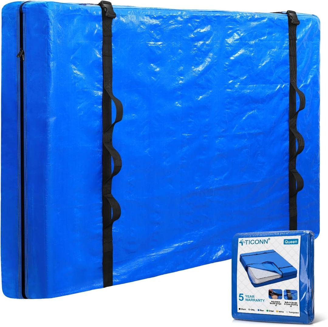 TICONN Mattress Bags for Moving, Heavy Duty Queen Mattress Cover Storage Bag with Full-Around Handle and Adjustable Buckles (Blue, Queen)