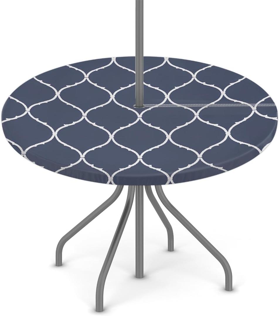 Blue White Moroccan Pattern Outdoor Tablecloth with Umbrella Hole, Round Elastic Fitted Table Cloth with Zipper, Waterproof Picnic Patio Table Covers Fits 36-44 in Tables