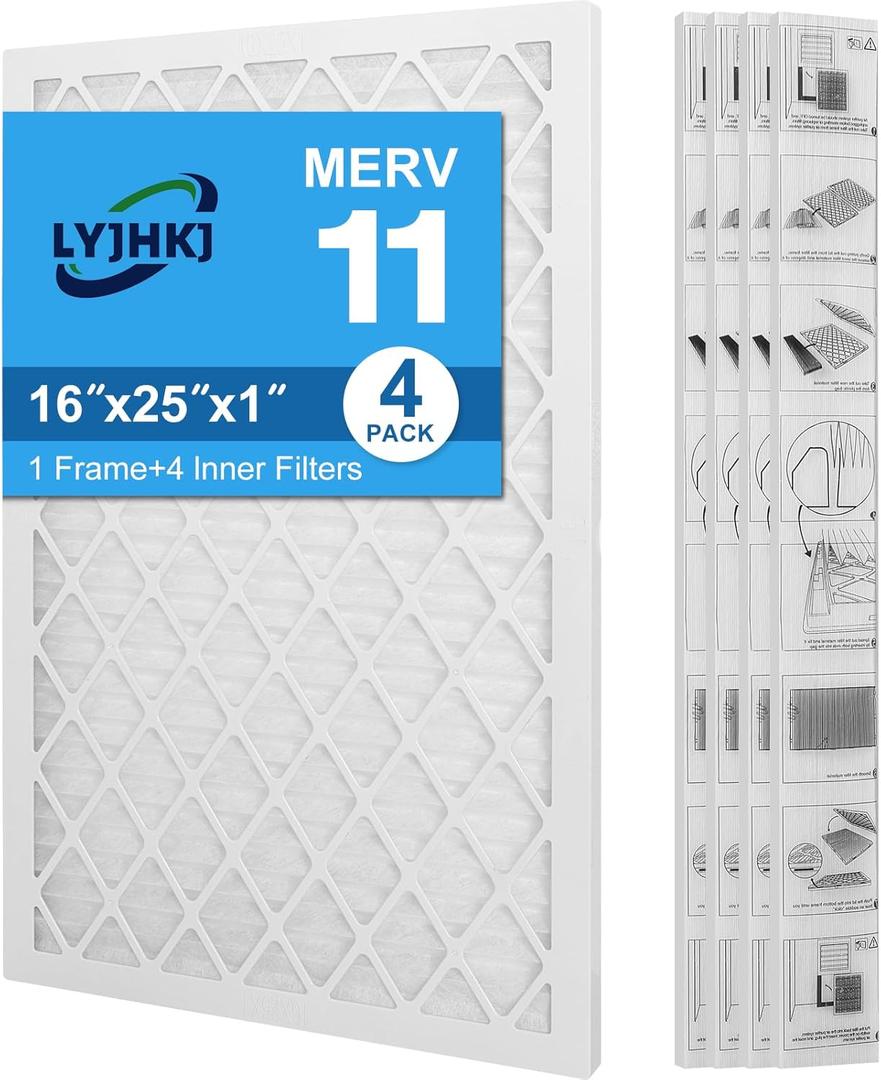 16x25x1 MERV 11 Air Filter, Quality AC/HVAC Furnace Filter1 Reusable ABS Frame + 4 Pack Replaceable Filter MediaBreathe Fresher and Cost-effective