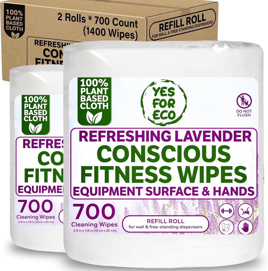 [Bulk 1400-Count] Plant Based Eco-Conscious Fitness Wipe, 2 Rolls x 700 Count Infused with Lavender & Tea Tree Oil, Perfect for Yoga/Pilates Studios & Gyms, All-Purpose Gym Wipes - Bulk Buy