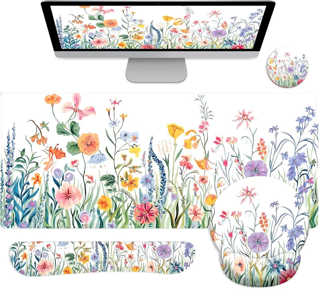 zokifab Long Mouse Pad XXL,Ergonomic Desk Mat Gaming Set,Keyboard Wrist Support Rest Mouse Pad Suitable for Office and Home (XXL Fragrant Plants)