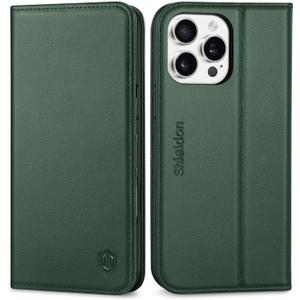 SHIELDON Case Wallet for iPhone 16 Pro Max 5G 2024, Genuine Leather Foldable Kickstand RFID Blocking Card Holder Magnetic Shock-Absorbent Cover Compatible with iPhone 16 Pro Max 6.9" - Evergreen