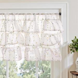 jinchan Ruffled Valance for Windows 18 Inch Mini Pom-Pom Voile Valance Curtains Pom-Pom Semi Sheer Shabbychic Samll Window Treatment for Kitchen Bedroom Living Room Rod Pocket 1 Panel Green