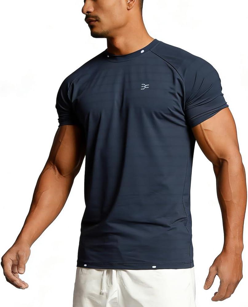 Men Muscle Fitness Quick Dry T-Shirt - Moisture Wicking Perforated Slim Fit Gym Top with Reflective Logo Medium