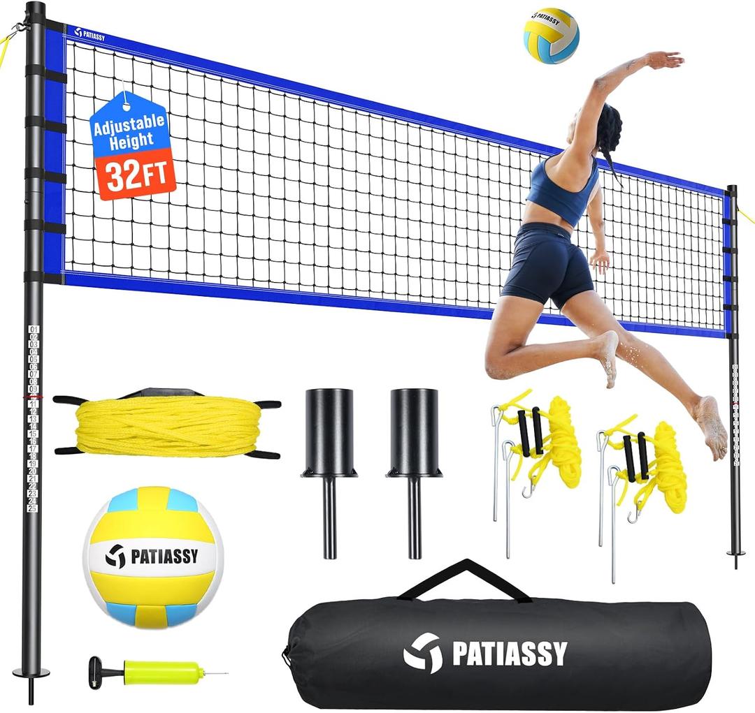 Outdoor Volleyball Net Set for Backyard & Beach, 32FT Regulation Size, Easy Setup Adjustable Height Poles, Portable Net System with PU Volleyball, Pump & Carry Bag