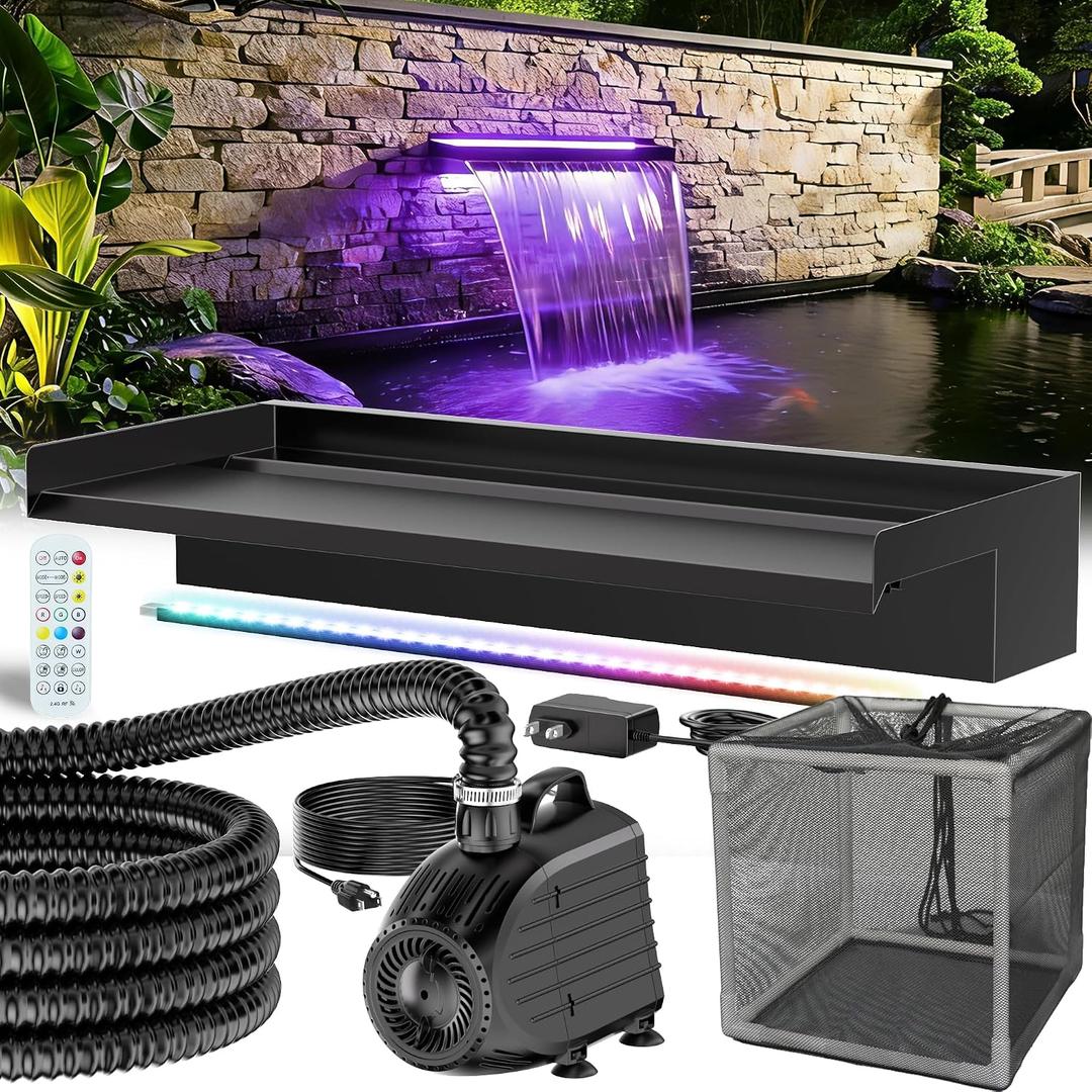 Pond Waterfall Kit with Colorful LED Lights & 1200GPH Pond Pump, APP & Remote Control, Auto Timer, Pond Waterfall Spillway with 9.8FT Corrugated Tube for Pool, Garden, Patio, Backyard-P46DC