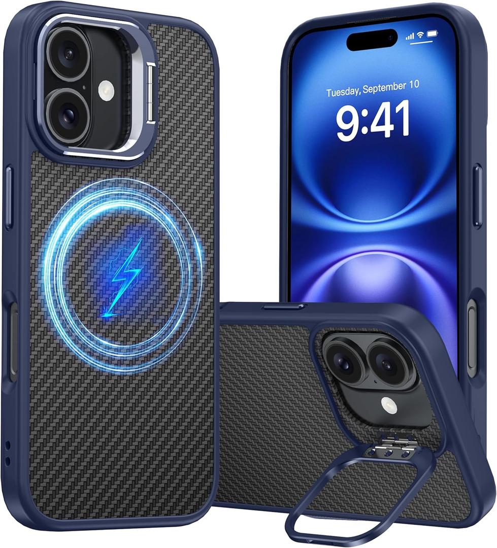Magnetic for iPhone 16 Case Carbon Fiber Skin SensationCompatible with magsafeMetal Lens Kickstand Dropproof Sturdy Carbon Fiber PatternWireless Charging Case for iPhone 16 Blue