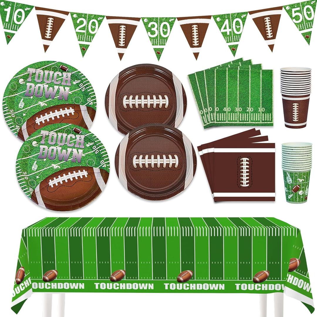 74Pcs Football Party Decorations Supplies Football Party Decoration Set Include Dinner Plates, Dessert Plates, Napkins, Cups, Banner and Tablecloth Football Birthday Party Favors Kit