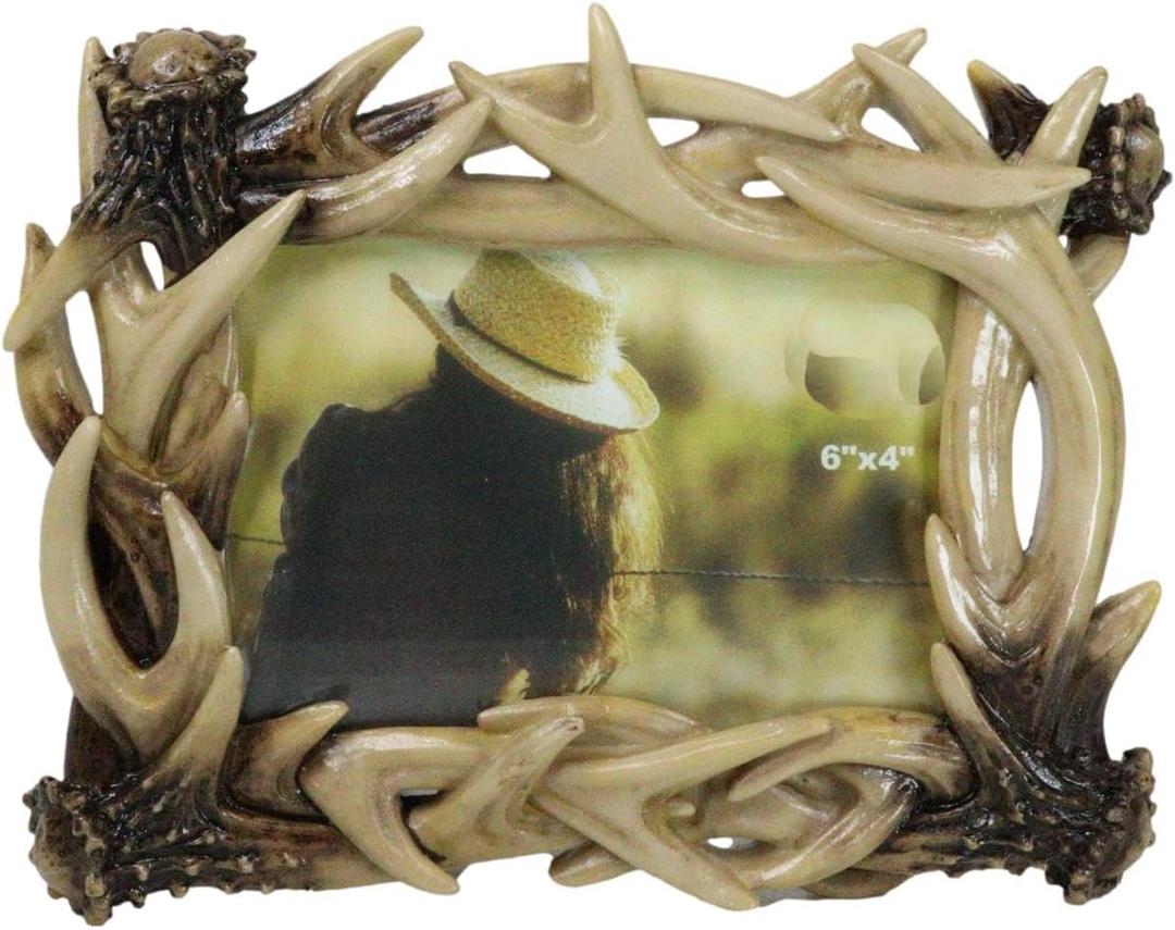 Ebros Rustic Intertwined Stag Deer Antlers Picture Frame With Easel Back For 4"X6" Photo Vertical Or Horizontal Display Hunters Deers Antler Racks Cabin Lodge Cottage Log Home Decorative Accent