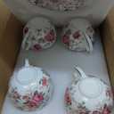 Tea Cup and Saucers, 6.4oz Floral Tea Cups with Gold Trim, Porcelain Teacup, Coffee Cappuccino Espresso Latte Mugs for Party Birthday, Party Cafe Home, Christmas Gift (White)