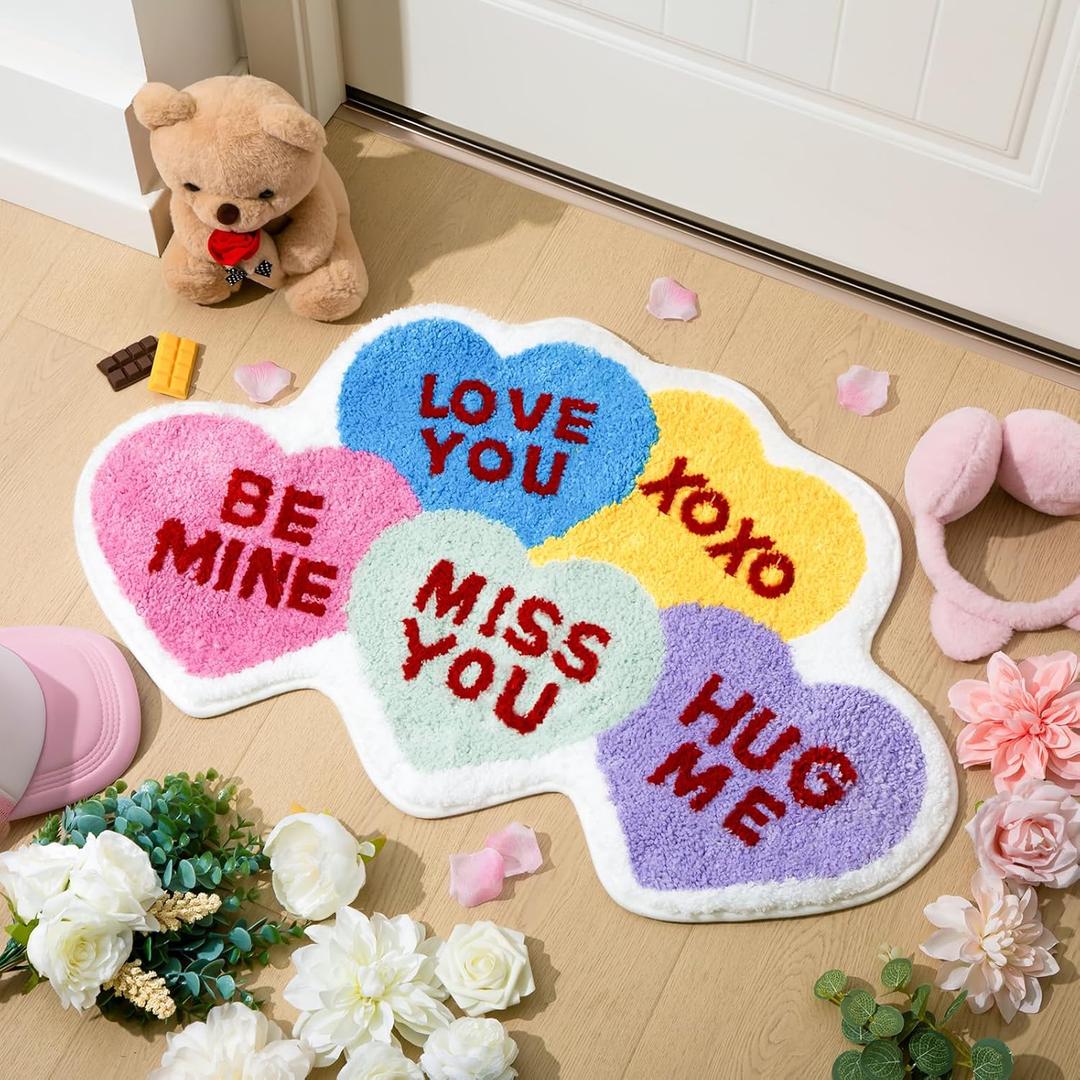 Tinideya 32"x20" Valentine Bathroom Rug Conversation Heart Door Mat Colorful Heart Rug Funny Non Slip Washable for Bathroom Shower Living Room Bedroom Kitchen(Multicolor)